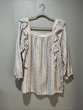 Chaps Pastel Multi-Striped Ruffle Square-Neck Blouse Sz L  Boho Cottage Core